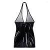 Casual Dresses Womens Femme Mini Dress Dancing Clubwear Mesh Patent Leather Splice Bodycon See Through Bra Sexy Costumes Cocktail Party