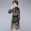 Casual Dresses Menahem 2023 Summer Runway Floral Dot Embroidered Wedding Long Lantern Sleeves Stand Lace Mesh Embroidery Midi Dress