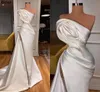 Dubai Arabian Pearls Beaded Trumpet Mermaid Wedding Dresses Ivory Satin Pleated Elegant Modern Bridal Gowns High Split Sexy Court Train Vestidos De Novia CL1946