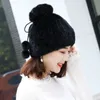 Women Real Mink Fur Hat Scarf Winter Warm Beanie Cap Headwear Black Brown