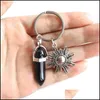 Keychains Lanyards Alloy Sun Sunshine Natural Stone Hexagonal Column Couple Keychain Women Rose Quartz Key Chains Trinket Dhu7B