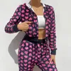 Femmes Deux Pièces Pantalon Coeur Imprimé Rose Mignon Crop Top Veste À Manches Longues Automne Velours Manteau Poche Patchwork Baseball Veste Harajuku Hiver 230303