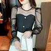 Kadınlar Blouses 2023 Seksi Mesh Patchwork Bluz En İyi Kadınlar Kore Pufu Uzun Kollu Zarif Günlük Gömlek Blusas de Mujer