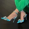 Sandal Runway Style Glitter Rhinestones Kvinnor Pumpar Crystal Bowknot Satin Summer Lady Shoes äkta Leather High Heels Party Prom 230302
