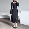 Casual Dresses French Pleated Waist Slim Bubble Sleeve Split Long Dress Women's Elegant Solid In Spring 2023 Streetwear