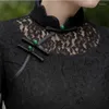 Abbigliamento etnico Colletto alla coreana nero Manica corta Qipao Nappa in pizzo Donna Abiti lunghi Gonna classica vintage cheongsam con bottoni