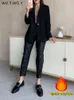 Women's Pants Capris WOTWOY High Waisted Straight Leather Trousers Women Zipper-Up Casual Fleece PU Leather Pants Female Black White Autumn Pants 230306