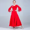 Scene Wear Red Ballroom Dance Dress Vuxen Waltz Tango Competition Dancing Sexiga långa ärmar Toppar Big Swing Kjol DL3877