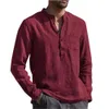 Chemises décontractées pour hommes coton lin chemises à manches longues pour hommes été couleur unie col montant décontracté Style de plage grande taille 230306