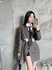 Two Piece Dress Vintage Buckle Check Plaid 2 Pieces Set Women Cropped Blazer Irregular Ladies Side Slit Mini Skirt Long Sleeve Suits Outfit 230306