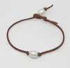 Strand Beauty 10mmx12mm Teardrop Growth Real Pearl Handgjorda enstaka pärlor Brown Leather Armband 8inches No Metal