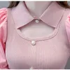 Blusas Femininas Blusa Coreana Patchwork Feminina Verão Manga Bufante Tops De Malha E Rosa Branco Oco Camisa Blusas Mujer