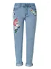 Women's Jeans Female Fashion Embroidered Roses Street Wear Straight Loose Denim Blue Clothes High Waist Vintage Travel Po Pants Women