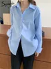 Women's Blouses Shirts Syiwidii Button Up Shirts Women Cotton Long Sleeve Blouses Korean Office Lady Blouse Summer Fall Basic White Blue Pink Tops 230306
