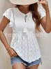 Blouses voor dames casual ruches Hollow Out Shirt Blouse Dames Spring Summer Fashion Tassel Lace Up Short Sleeve voor 2023 White