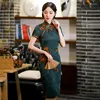 Roupas étnicas elegantes tradicionais de colarinho de mandarim até o joelho qipao de manga curta Cheongsam Retro Chinese Mulher Dress