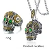 Ketting oorbellen set schedel ring sieraden groen glanzende strass voor mannen punk roestvrijstalen hangselhangsel Halloween -accessoires