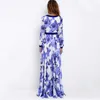 Casual Dresses Autumn 2023 New Women's Dress Flower Blue and White Porcelain V-Neck Print Large Swing Dress T230303