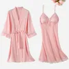 Women's Sleepwear Lace Female 2PCS Robe Set SEXY Nightgown Intimate Lingerie Loose Kimono Bathrobe Gown Lady Rayol Casual Sleep