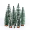 Decorative Flowers Artificial Green Mini Pine Needle Christmas Tree With Wood Base Snow Frost DIY Craft Desktop Decoration