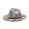 Breda randen hattar Fuodrao Wool Fedoras Women Autumn Winter Snake Print Chain Panama Jazz Caps Vintage Cowboy Hat Men F113 Elob22