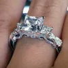 Nu 925 Sterling Silver Engagement Wedding Bride Jewelry Luxury 2ct Princess-Cut Square Diamond Ring Women Three Side Stone CZ Ring