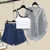 Kvinnors tvåbitar byxor Sommarkläder Set Korean Lady Casual Loose Stripe Shirt Black Vest Denim Short Pants Outfits Student Streetwear 230306