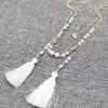 Pendant Necklaces 2023 Crystal Jewelry White Natural Stone Beige Beads Multilayer Necklace Double Tassel