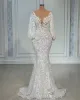 Long Sleeve Mermaid Wedding Dresses Sheer Neck Full Lace Floral Beaded African Trumpet Fishtail Beach Aso Ebi Bridal Gowns Custom Made