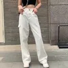 Jeans para mujer 2023 Vintage Mujeres Moda Blanco Azul Alta Cintura Casual Flojo Omighty Ancho Pierna Bolsillo Pantalones Cargo Sólido Monos Pantalón