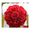 Bröllopsblommor Brud Red Rose Bouquet Romantic Bride Artificial Bouquets Home Decoration With Crystal Drop Delivery Party Events Su Dhign