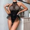 Sexy Set Aduloty Women Underwear PU Patent Leather Mesh Splicing Neck Poncho Skirt Garter Bodysuit Clothes Perspective Lingerie 230307