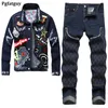 Dunkelblaue Trainingsanzüge, modische, schlanke Herren-Jacke/Jeans, 2-teiliges Set, Frühlings-Herbst-Herren-Jeans-Cardigan mit Stickereien und Stretch-Nieten-Hosen, Conjuntos de hombre