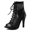 Sandals High Heels Dance Shoes Women 9.5CM Sexy Mesh Lace Up Stiletto Heel Boot Fish Mouth Thin Woman Latin Ballroom