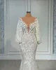 Long Sleeve Mermaid Wedding Dresses Sheer Neck Full Lace Floral Beaded African Trumpet Fishtail Beach Aso Ebi Bridal Gowns Custom Made