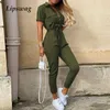 Damen Jumpsuits Strampler Frauen Casual Brief Drucken Overall 2023 Sommer Tiefer V-Ausschnitt Knopf Hemd Overalls Kurzarm Büro Dame One Pi