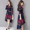 Casual Dresses AECU 2023 Autumn Women Long Shirt Plus Size Office Lady Lapel Sleeve Plaid Vintage OL Dress Blouse Coat Female