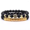 STRAND 2PCS/SET CHARM UNISEX Natuurlijke magnetische energie steen Multi-laags Bead Bracelet Unieke legering Mat Black kralen Koperpangle