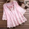 Blouses Femmes Lâche Vintage Dentelle Garniture Femmes Élégant Floral Broderie Bow Chemises Casual Col En V Trois Quarts Hauts Femme Blusas Mujer