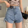 Jeans femme fille taille haute cordon Denim Shorts femmes été Design montre mince a-ligne sangle sac hanche pantalon court