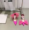 Averly High Heels Designer Sandaler Kvinnor Sandal korsar Big Bow Fluorescerande tå remskor Rose Pink Vamp Heel Lady Dress Shoes