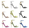 Tom-F-Sandal Sandal Pointy 발가락 자물쇠 자물쇠 85mm 골드 힐 바이 컬러 발목 스트랩 샌들 알몸 가죽 팝 힐 샌들 35-43EU