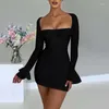 Casual Dresses Sexy Mesh Backless Ruched Mini Dress Ladies Elegant Strapless Long Sleeve Bodycon Female Club Party Fashion Outfits