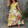 Casual Dresses French Elegant Tie-dyeing Printed Western-style Off-shoulder Long Dress Show Thin Temperament Large Swing Dress T230307