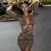 Casual Dresses Mozision Hollow Out V Neck Stripe Bodycon Mini Dress for Women 2023 Summer Streetwear Full Sleeve Male Vestidos