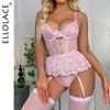 Sexy Set Ellolace Love Body Rose Avec Bas Femme Lingerie Dentelle OnePieces Érotique À Volants En Forme De Coeur Broderie Collants 230307