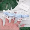 Jarretières De Mariée Charme Dentelle Jarretière De Mariage Douche Bleu Ciel Ivoire Sexy Souvenir Floral Strass Arc Femmes Dames Poule Nuit S Dhuqw