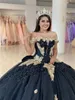 2023 Ball Gown Quinceanera Dresses Bridal Gowns Black Tulle Off Sleeves Lace Appliques Crystal Beads Hand Made Flowers Sweet 16 Dress Sweep Train Corset Back