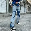 Jeans da uomo Harajuku Stelle Lettera Ricamo Patchwork Pantaloni jeans svasati dritti Pantaloni da uomo casual oversize strappati retrò 230307