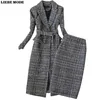 Deux pièces robe printemps automne femmes laine à carreaux costumes d'affaires long trench-coat avec genou longueur jupes costume coréen formel vêtements de travail tenues 230307